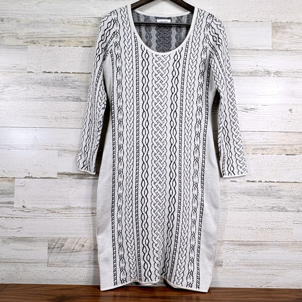 Calvin Klein Sweater Pencil Dress Cable Knit Black White Long Sleeve Womens Sz S